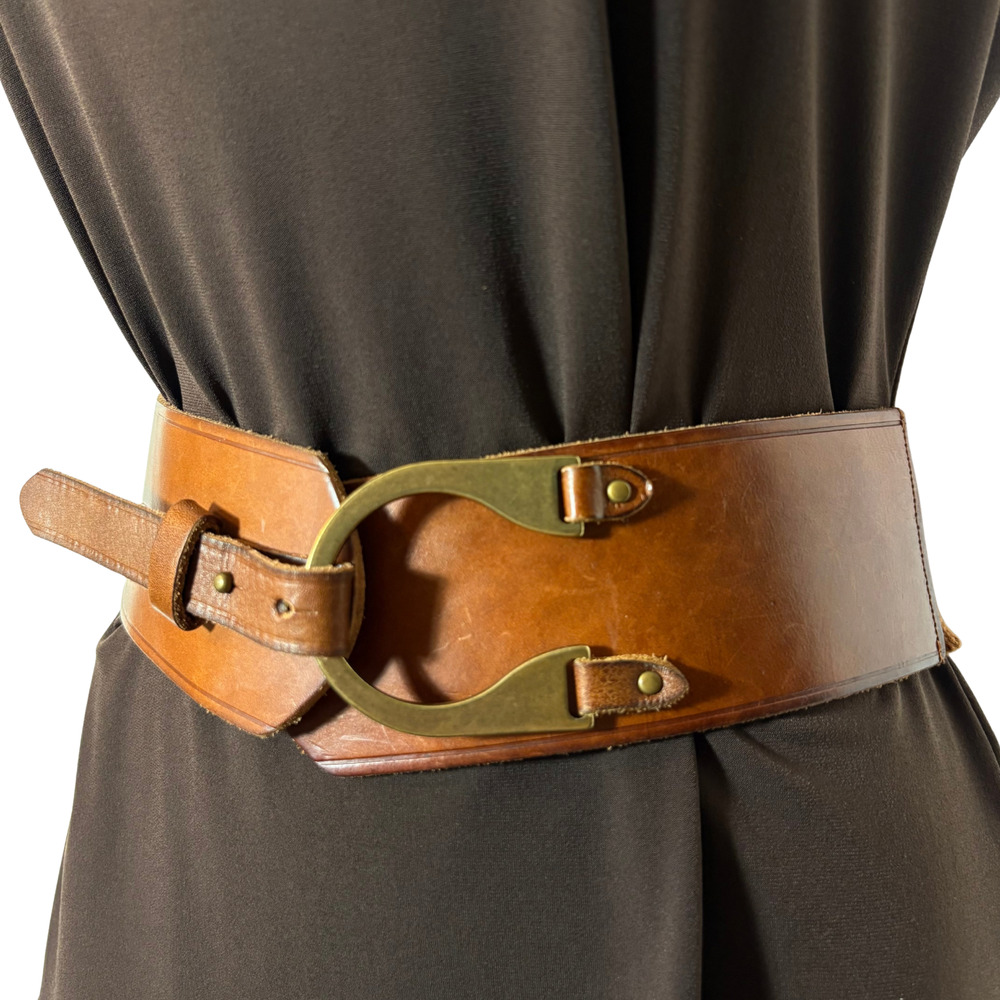 Brown Leather Belt Wide Stretch Linea Pelle Horseshoe Buckle Size Large